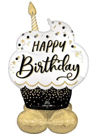 52in Anagram Airloonz Black & Gold Happy Birthday Cupcake Balloon - Joker Party Supply