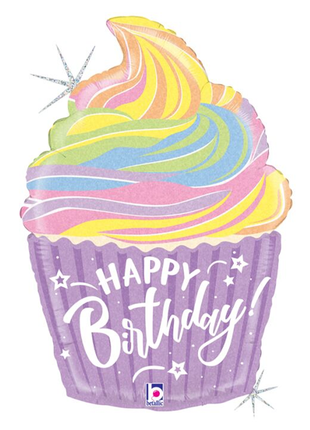 27in Betalllic Holographic Pastel Birthday Cupcake Balloon - Joker Party Supply