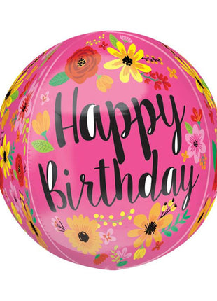 16in Anagram Happy Birthday Pink Floral Orbz Balloon
