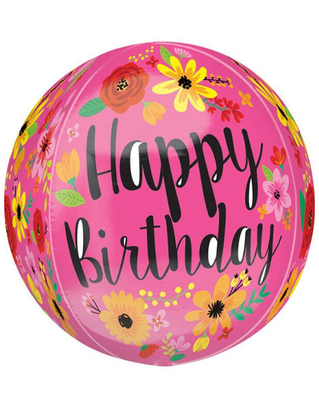16in Anagram Happy Birthday Pink Floral Orbz Balloon