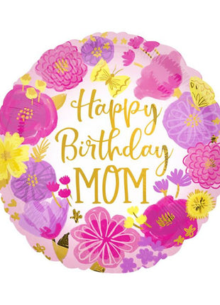 18in Anagram Happy Birthday Mom Painted Flowers Balloon