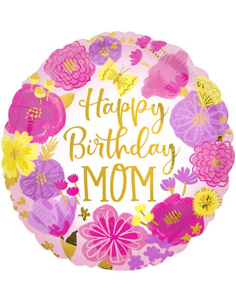 18in Anagram Happy Birthday Mom Painted Flowers Balloon