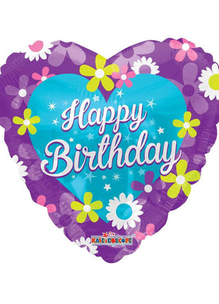 18in ConverUSA Happy Birthday Purple Heart With Flowers Balloon