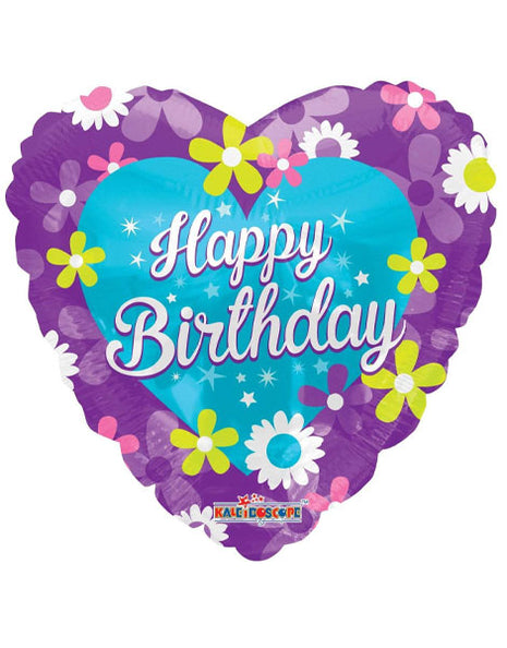 18in ConverUSA Happy Birthday Purple Heart With Flowers Balloon