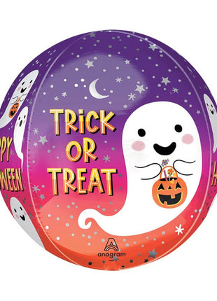 Globo orbe de Halloween con anagrama de 16 pulgadas y texto "Truco o trato"