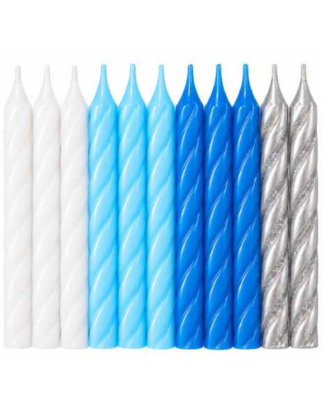 2.5in Unique Blue, White and Silver Spiral Birthday Candles 24pc