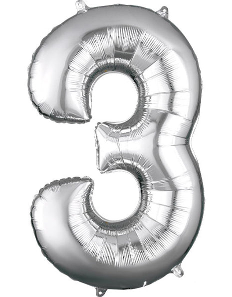 34in Anagram Silver Number 3 Balloon - Joker Party Supply