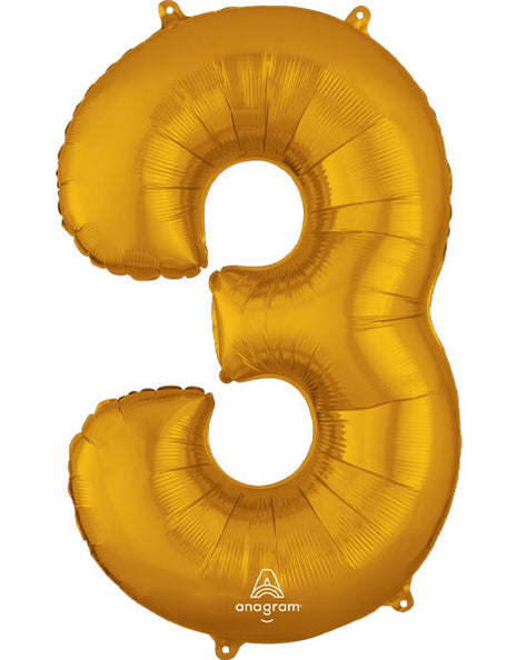 34in Anagram Gold Number 3 Balloon - Joker Party Supply