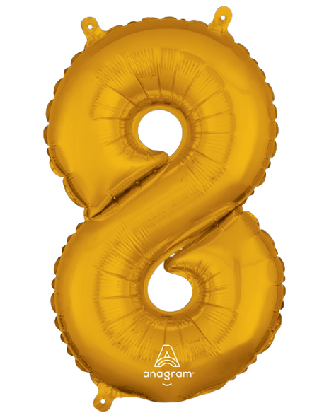 16in Anagram Air-Filled Gold Number 8 Balloon - Joker Party Supply