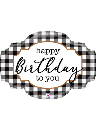 32in Betallic Black & White Happy Birthday Buffalo Plaid Balloon - Joker Party Supply