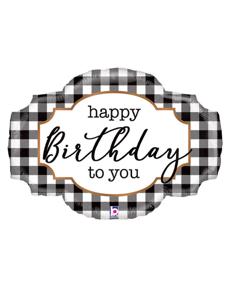 32in Betallic Black & White Happy Birthday Buffalo Plaid Balloon - Joker Party Supply