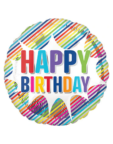 28in Anagram Happy Birthday Striped Balloon - Joker Party Supply