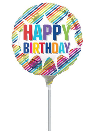 9in Anagram Happy Birthday Striped Burst Balloon (Heat Seal Required)