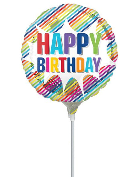 9in Anagram Happy Birthday Striped Burst Balloon (Heat Seal Required)