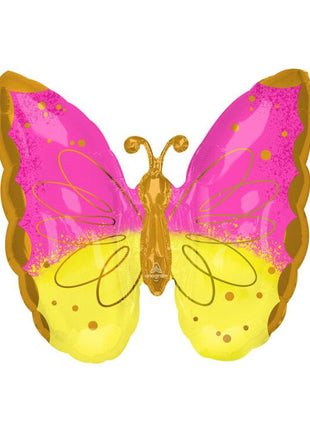 Globo de mariposa rosa y amarillo con anagrama de 25 pulgadas