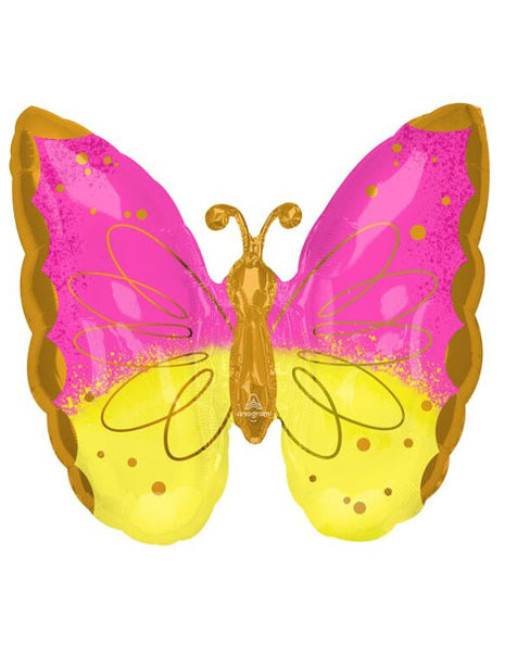 Globo de mariposa rosa y amarillo con anagrama de 25 pulgadas