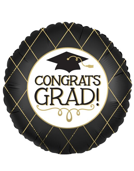18in Anagram Satin Grad Black and Gold Balloon