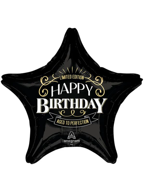28in Anagram Birthday Aged to Perfection Black Star Balloon - Joker Party Supply