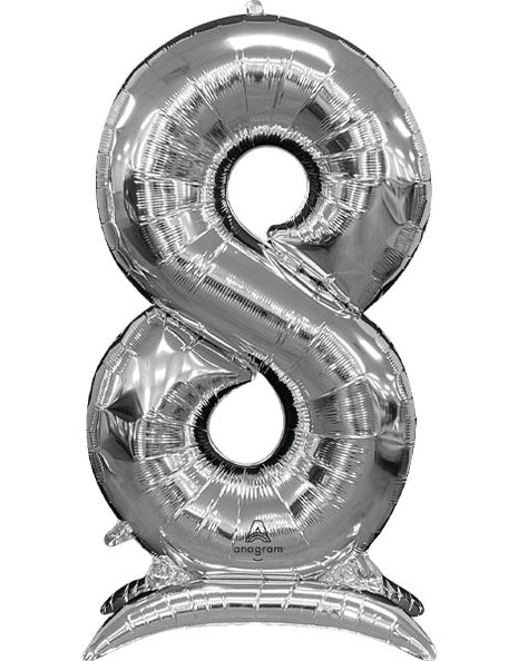 52in Anagram Silver Stand-Up Number 8 Balloon - Joker Party Supply