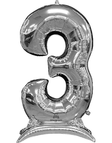 52in Anagram Silver Stand-Up Number 3 Balloon - Joker Party Supply