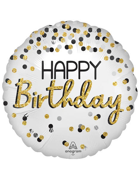28in Anagram Happy Birthday Black Silver Gold Balloon - Joker Party Supply