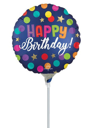 9in Anagram Satin Happy Birthday Blue Confetti Balloon (Heat Seal Required)