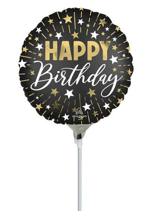 Globo HBD de 9 pulgadas con anagrama satinado, negro, dorado y plateado (se requiere sellado térmico)