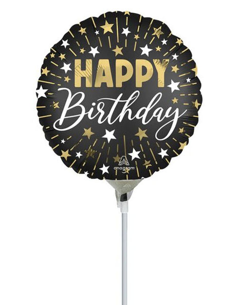Globo HBD de 9 pulgadas con anagrama satinado, negro, dorado y plateado (se requiere sellado térmico)