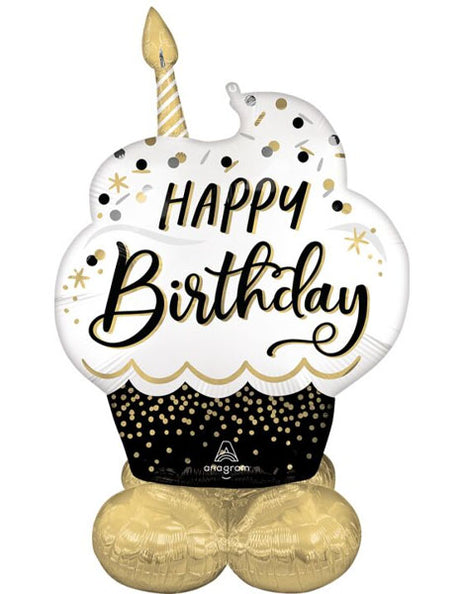 52in Anagram Airloonz Black & Gold Happy Birthday Cupcake Balloon - Joker Party Supply