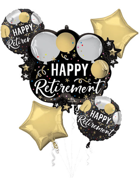 Anagram Black Silver Gold Retirement Bouquet Balloons 5pc