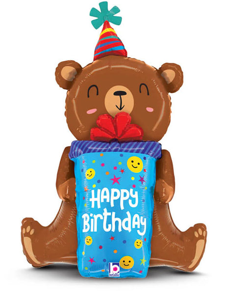 34in Betallic Birthday Smiley Gift Bear Balloon