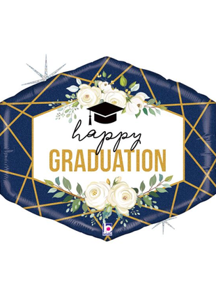 30in Betallic Geo Navy Happy Graduation  Balloon