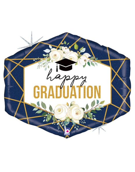30in Betallic Geo Navy Happy Graduation  Balloon