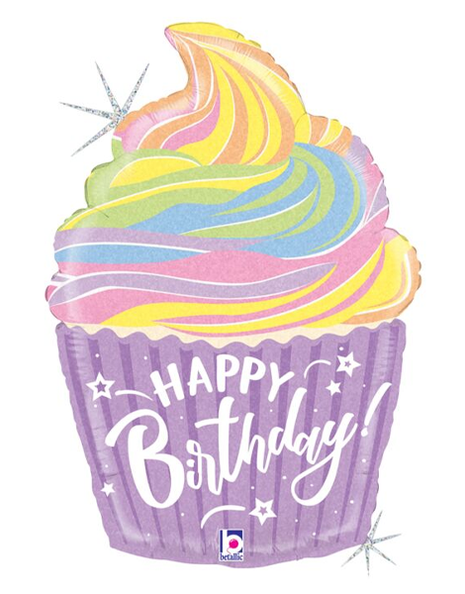 27in Betalllic Holographic Pastel Birthday Cupcake Balloon - Joker Party Supply
