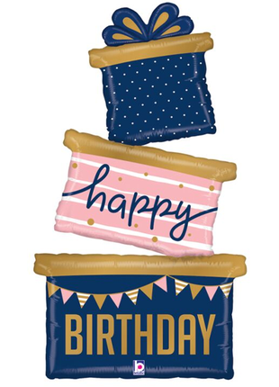37in Betallic Navy Happy Birthday Trio Gift Box Balloon - Joker Party Supply