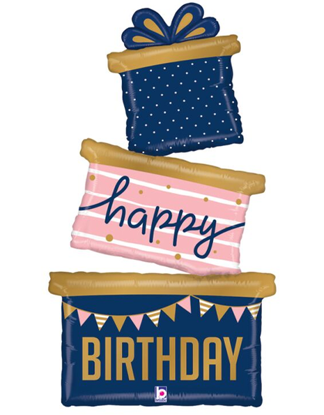 37in Betallic Navy Happy Birthday Trio Gift Box Balloon - Joker Party Supply