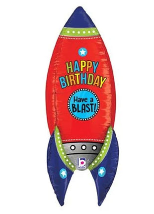Globo cohete de 91 cm con texto "Feliz cumpleaños, Betallic". ¡Que lo pases genial!