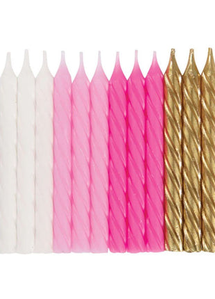 Velas de cumpleaños únicas en espiral surtidas en rosa, blanco y dorado (24 unidades)