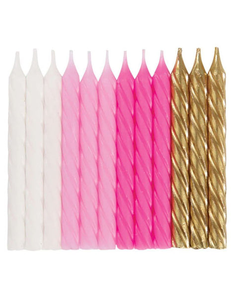 Velas de cumpleaños únicas en espiral surtidas en rosa, blanco y dorado (24 unidades)