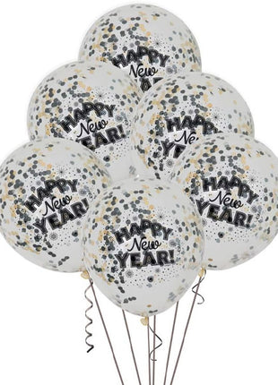 12in Unique Clear Happy New Years Confetti Balloons 6ct - Joker Party Supply