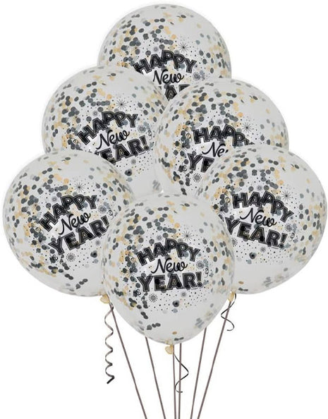 12in Unique Clear Happy New Years Confetti Balloons 6ct - Joker Party Supply