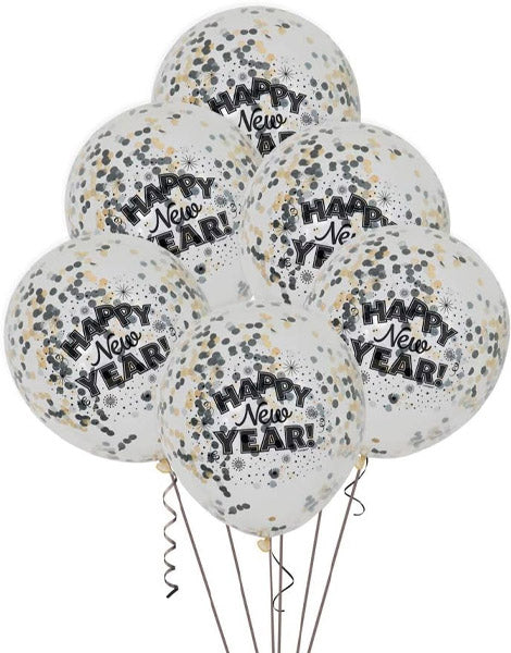 12in Unique Clear Happy New Years Confetti Balloons 6ct - Joker Party Supply