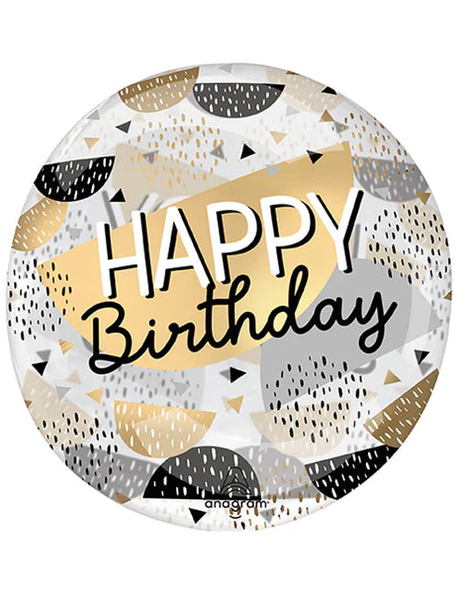 18in Anagram Happy Birthday Black Gold Clearz Balloon - Joker Party Supply